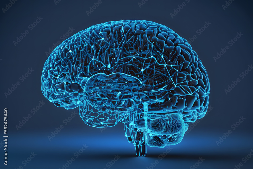 Poster human brain shape of an artificial intelligence with line dots on dark blue color background. digita