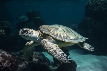 Fototapeta na wymiar Sea turtle swimming over coral reefs. Animals under the sea background. Generative AI
