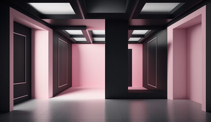 Futuristic black and pink empty room interior design, 3d rendering. Generative AI