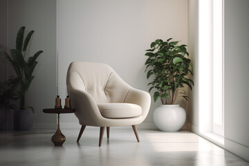 Contemporary interior design with an armchair on an empty white wall , Generative AI	
