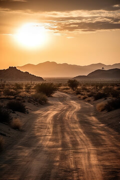 Empty road in the desert with mountains in the background at sunset, AI generative