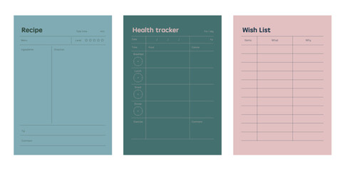 Recipe, Healthtracker, Wish list planner. Business organizer page. Paper sheet. Realistic vector illustration.