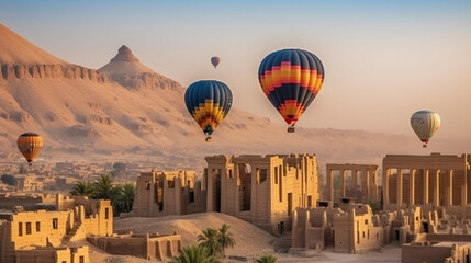 Colorful Hot Air Balloons Above Luxor, Egypt - Generative AI.
