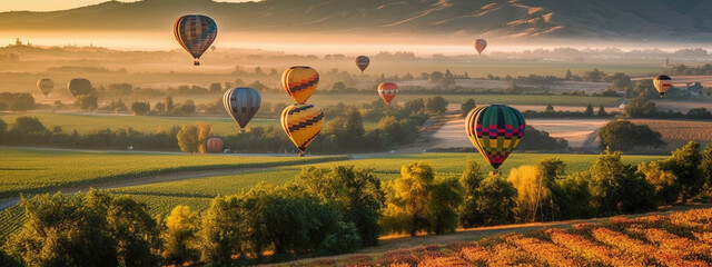 Hot Air Balloon Ride Over Beautiful Napa Valley, California, United States Banner - Generative AI. - obrazy, fototapety, plakaty