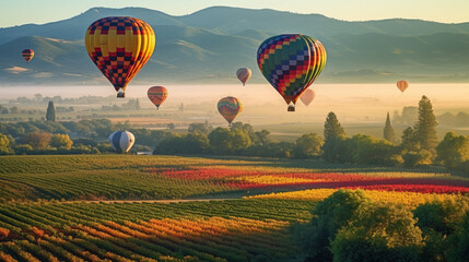 Naklejka premium Hot Air Balloon Ride Over Beautiful Napa Valley, California, United States - Generative AI.