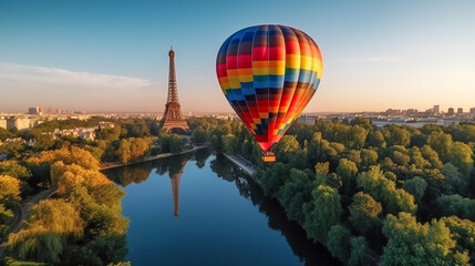 Colorful Hot Air Balloon Above Paris France Near The Eiffel Tower - Generative AI.