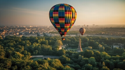 Colorful Hot Air Balloon Above Paris France Near The Eiffel Tower - Generative AI.