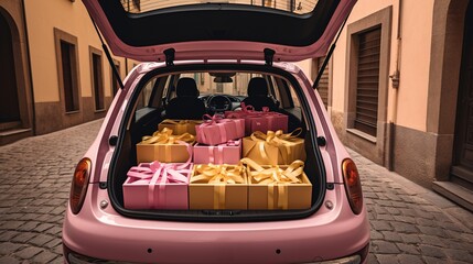 Car trunk full of holidays gifts boxes and presents. Generative Ai