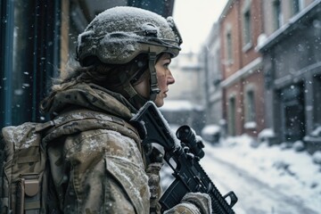Female soldier standing in city devastated by war - obrazy, fototapety, plakaty