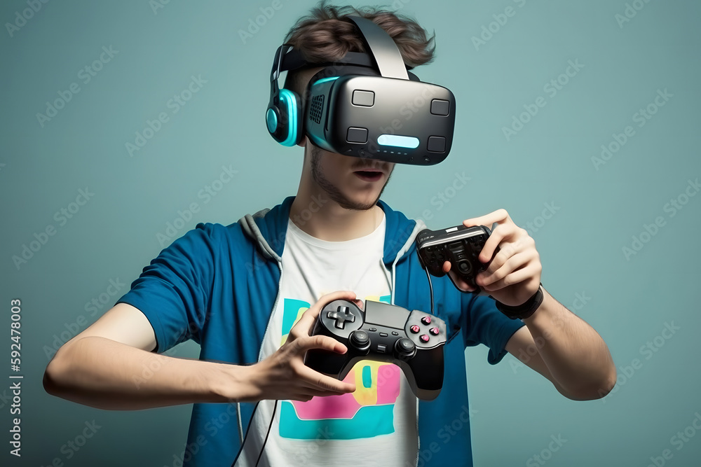 Poster man wearing virtual reality goggles. neural network ai generated art