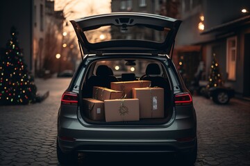 Car trunk full of holiday gifts and christmas presents. Generative Ai