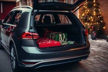 Car trunk full of holiday gifts and christmas presents. Generative Ai - obrazy, fototapety, plakaty