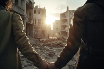 Fototapeta premium Aftermath of war, reconciliation and healing. Couple holding hands in a war devastated city.