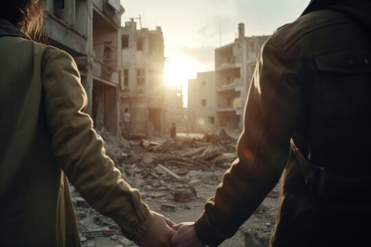 Aftermath of war, reconciliation and healing.
Couple holding hands in a war devastated city.