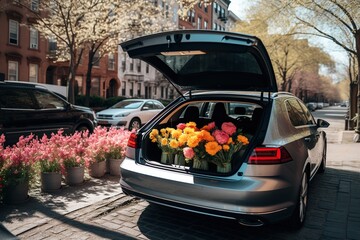 Car trunk full of flowers and plants for decoration. Flowers and plants delivery conception. Generative Ai