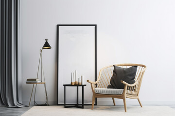 Contemporary living space with blank picture frame mockup and chair, Generative AI	
