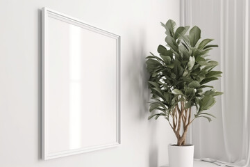 white frame on white wall with plant and modern decor, Generative AI	