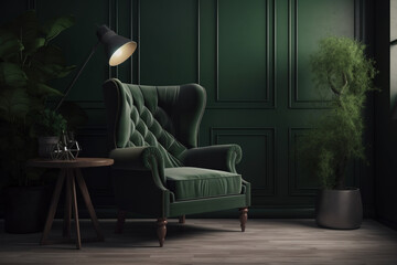 Contemporary living room with a stylish green armchair on dark green wall, Generative AI	
