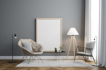 living space with blank picture frame mockup and chair, Generative AI	