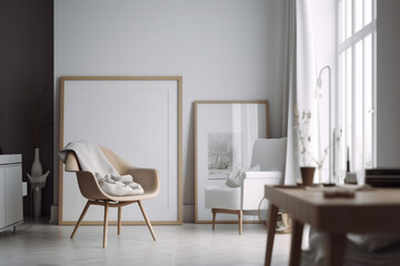 Naklejka na ściany i meble Contemporary living space with blank picture frame mockup and chair, Generative AI 