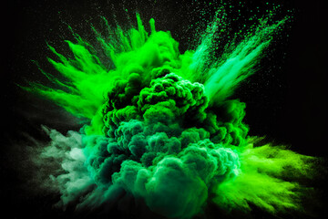 Green powder explosion cloud on black background. Abstract closeup green dust on dark backdrop. High quality generative AI