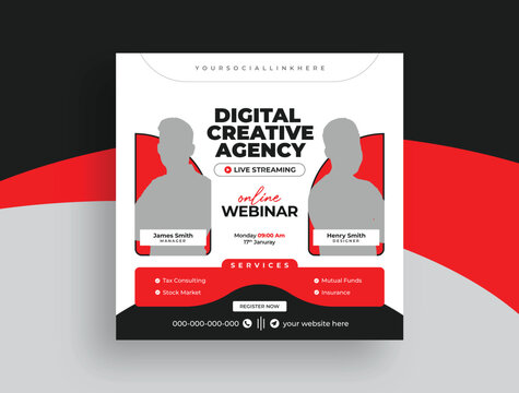 Online live webinar and business conference, square banner, social media post, and web banner template