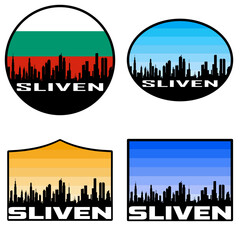 Sliven Skyline Silhouette Bulgaria Flag Travel Souvenir Sticker Sunset Background Vector Illustration SVG EPS AI