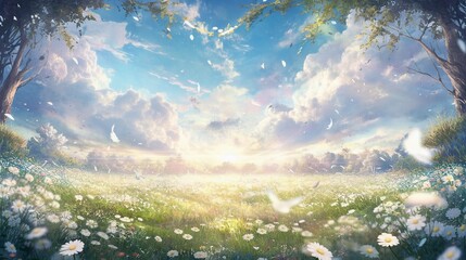 A beautiful, sun drenched spring summer meadow. Natural colorful panoramic landscape with many wild flowers of daisies against blue sky. AI generative