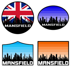 Mansfield Skyline Silhouette Uk Flag Travel Souvenir Sticker Sunset Background Vector Illustration SVG EPS AI