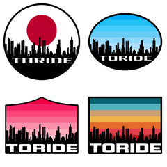 Fototapeta premium Toride Skyline Silhouette Japan Flag Travel Souvenir Sticker Sunset Background Vector Illustration SVG EPS AI