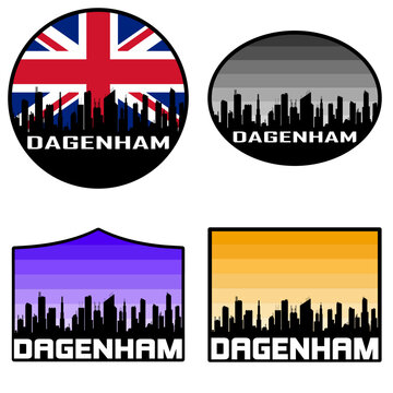 Dagenham Skyline Silhouette Uk Flag Travel Souvenir Sticker Sunset Background Vector Illustration SVG EPS AI