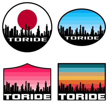 Toride Skyline Silhouette Japan Flag Travel Souvenir Sticker Sunset Background Vector Illustration SVG EPS AI