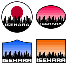 Isehara Skyline Silhouette Japan Flag Travel Souvenir Sticker Sunset Background Vector Illustration SVG EPS AI