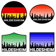 Hildesheim Skyline Silhouette Germany Flag Travel Souvenir Sticker Sunset Background Vector Illustration SVG EPS AI