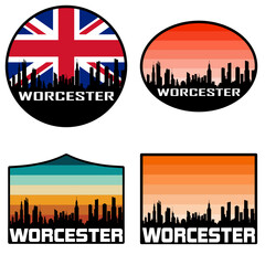 Worcester Skyline Silhouette Uk Flag Travel Souvenir Sticker Sunset Background Vector Illustration SVG EPS AI