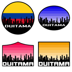 Duitama Skyline Silhouette Colombia Flag Travel Souvenir Sticker Sunset Background Vector Illustration SVG EPS AI