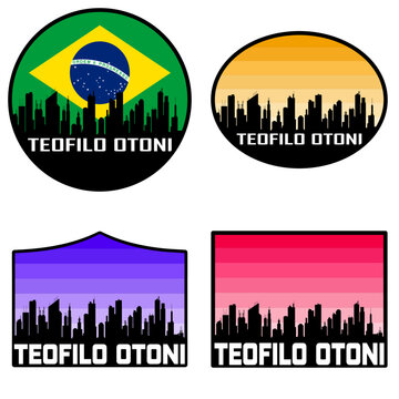 Teofilo Otoni Skyline Silhouette Brazil Flag Travel Souvenir Sticker Sunset Background Vector Illustration SVG EPS AI