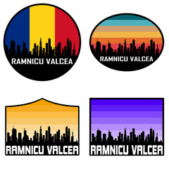 Obraz premium Ramnicu Valcea Skyline Silhouette Romania Flag Travel Souvenir Sticker Sunset Background Vector Illustration SVG EPS AI