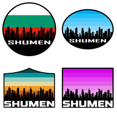 Shumen Skyline Silhouette Bulgaria Flag Travel Souvenir Sticker Sunset Background Vector Illustration SVG EPS AI