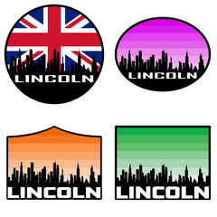 Fototapeta premium Lincoln Skyline Silhouette Uk Flag Travel Souvenir Sticker Sunset Background Vector Illustration SVG EPS AI