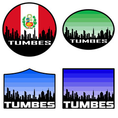 Tumbes Skyline Silhouette Peru Flag Travel Souvenir Sticker Sunset Background Vector Illustration SVG EPS AI