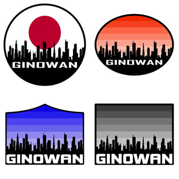 Ginowan Skyline Silhouette Japan Flag Travel Souvenir Sticker Sunset Background Vector Illustration SVG EPS AI
