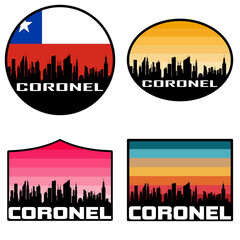 Obraz premium Coronel Skyline Silhouette Chile Flag Travel Souvenir Sticker Sunset Background Vector Illustration SVG EPS AI