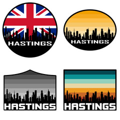 Hastings Skyline Silhouette Uk Flag Travel Souvenir Sticker Sunset Background Vector Illustration SVG EPS AI