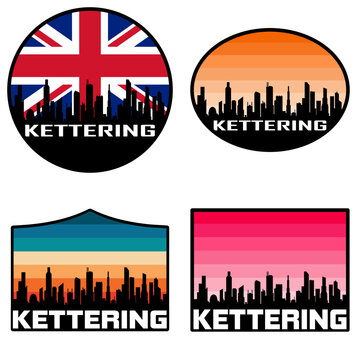 Kettering Skyline Silhouette Uk Flag Travel Souvenir Sticker Sunset Background Vector Illustration SVG EPS AI