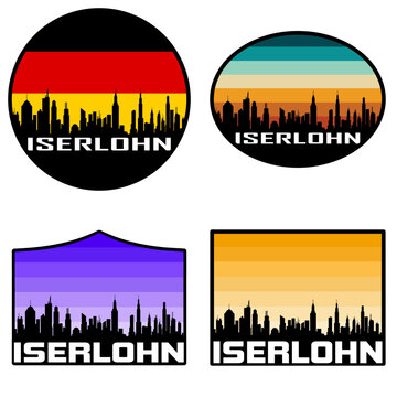 Iserlohn Skyline Silhouette Germany Flag Travel Souvenir Sticker Sunset Background Vector Illustration SVG EPS AI