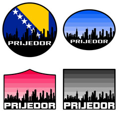 Prijedor Skyline Silhouette Bosnia Flag Travel Souvenir Sticker Sunset Background Vector Illustration SVG EPS AI