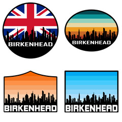 Birkenhead Skyline Silhouette Uk Flag Travel Souvenir Sticker Sunset Background Vector Illustration SVG EPS AI