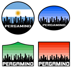 Obraz premium Pergamino Skyline Silhouette Argentina Flag Travel Souvenir Sticker Sunset Background Vector Illustration SVG EPS AI