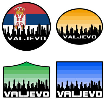 Valjevo Skyline Silhouette Serbia Flag Travel Souvenir Sticker Sunset Background Vector Illustration SVG EPS AI